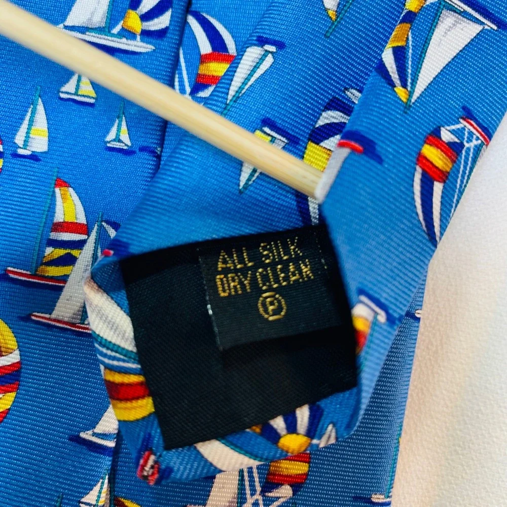 Serry's Blue Silk Necktie Sailboat Pattern Nautical Menswear Fashion Tie Hanover